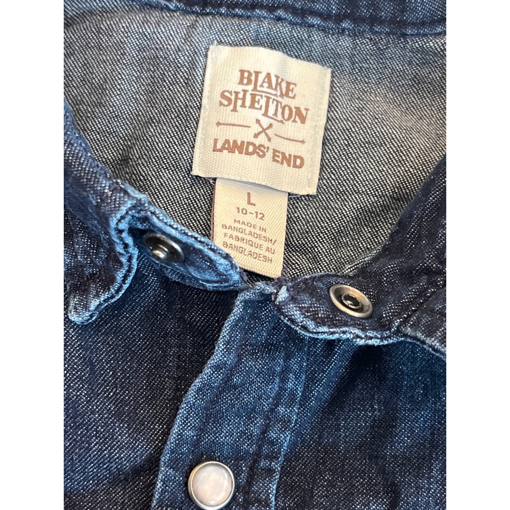 Blake Shelton x Lands' End Boys Dark Wash Denim Western Snap Shirt L 10-12